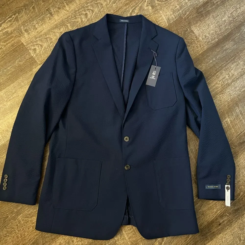 Stafford Classic Fit Seersucker Blazer Navy Blue‎ Sport Coat- Size 46 L
